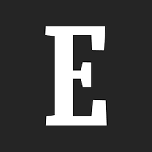 White letter E on black background